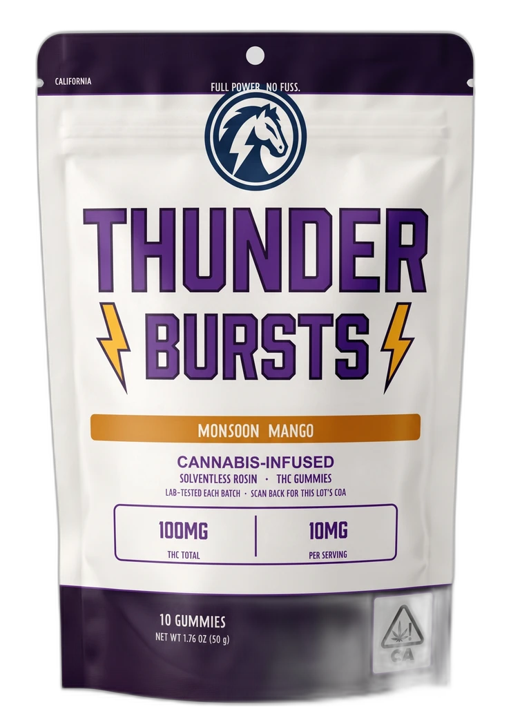 Thunder Bursts Monsoon Mango pouch in California trim with the state THC triangle and cannabis-infused line