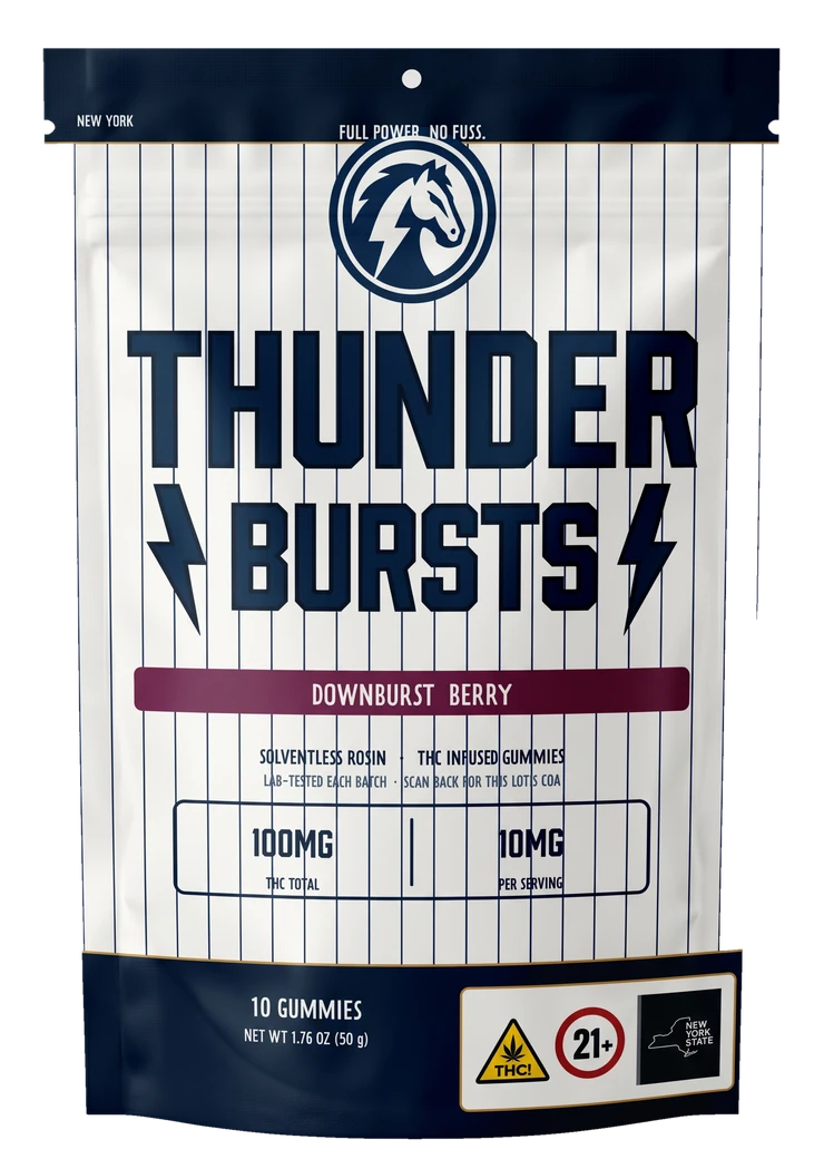 Thunder Bursts Downburst Berry pouch in New York trim with the oversized 1.25 inch OCM THC symbol