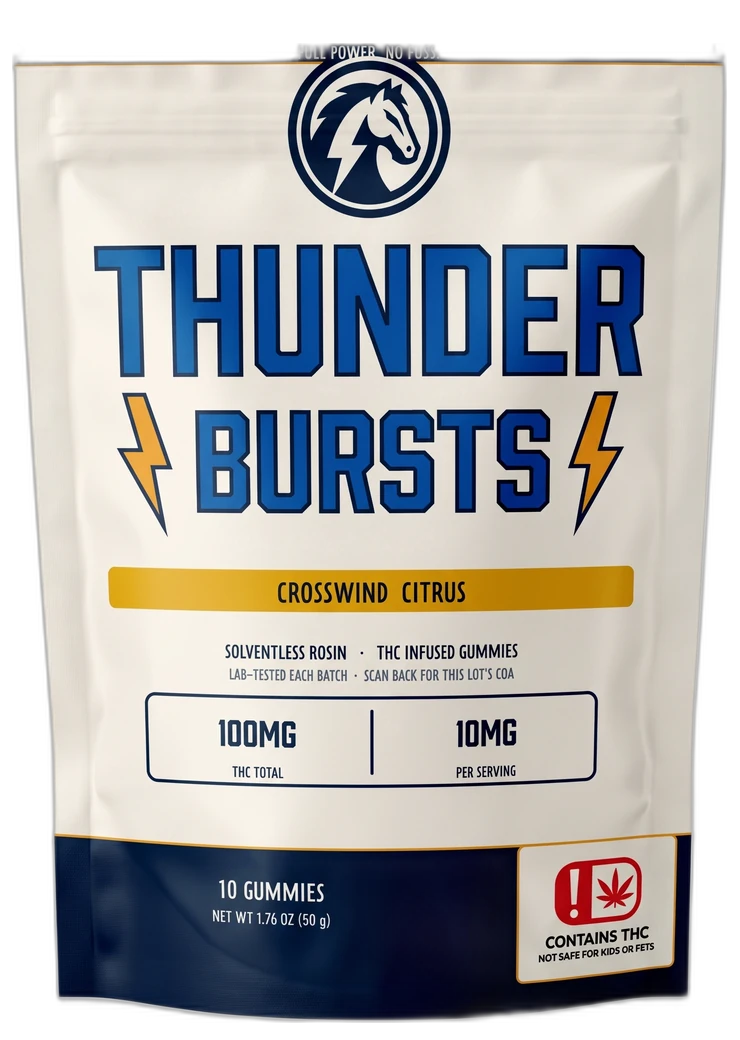 Thunder Bursts Crosswind Citrus pouch in Oklahoma trim with the OMMA universal THC symbol